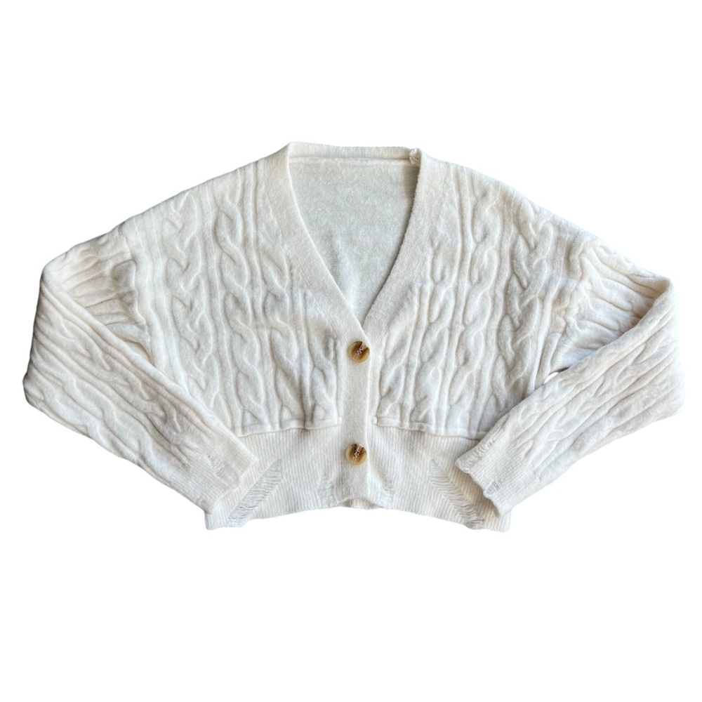 SHEIN White Button Up Distressed Cardigan | Size S